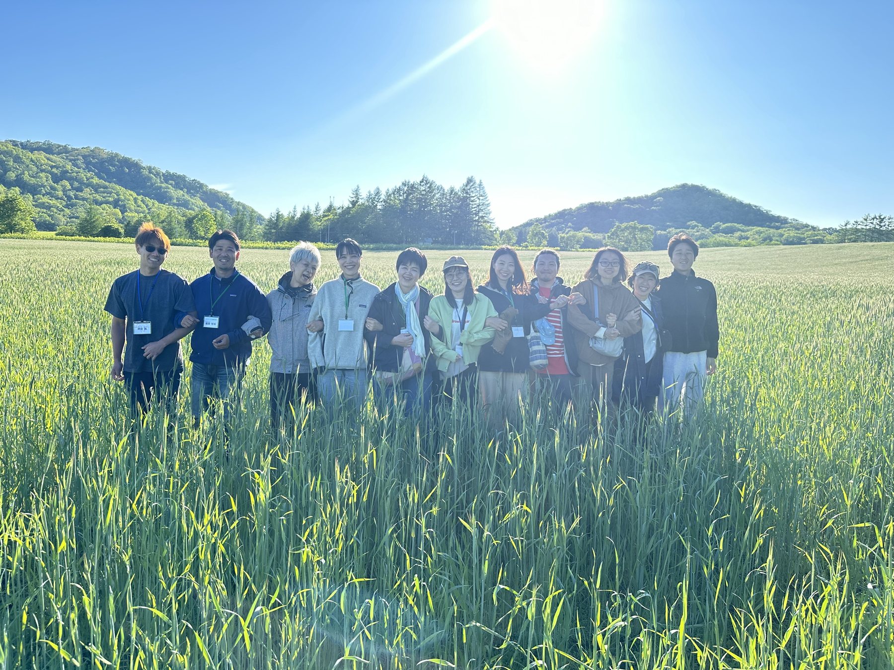 Organic study tour 2024, Hokkaido, Japan — participants standing in a sunlit barley field